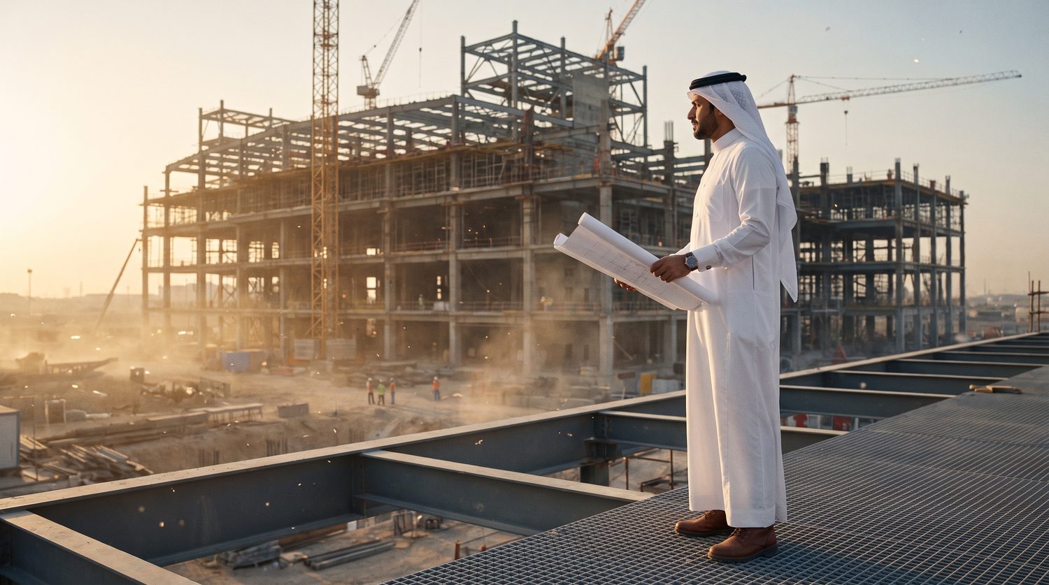 Man in a white kandura reviewing drawings on a Gulf construction site at sunset, tower cranes behind him.