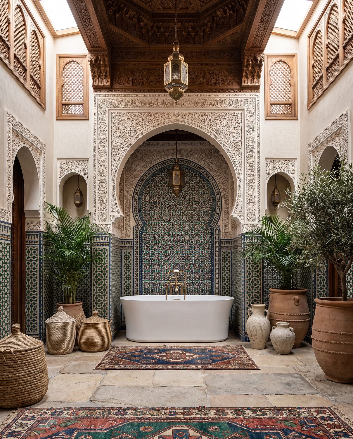 Freestanding bath in a Moroccan riad courtyard with carved arches, zellige tile and potted palms.