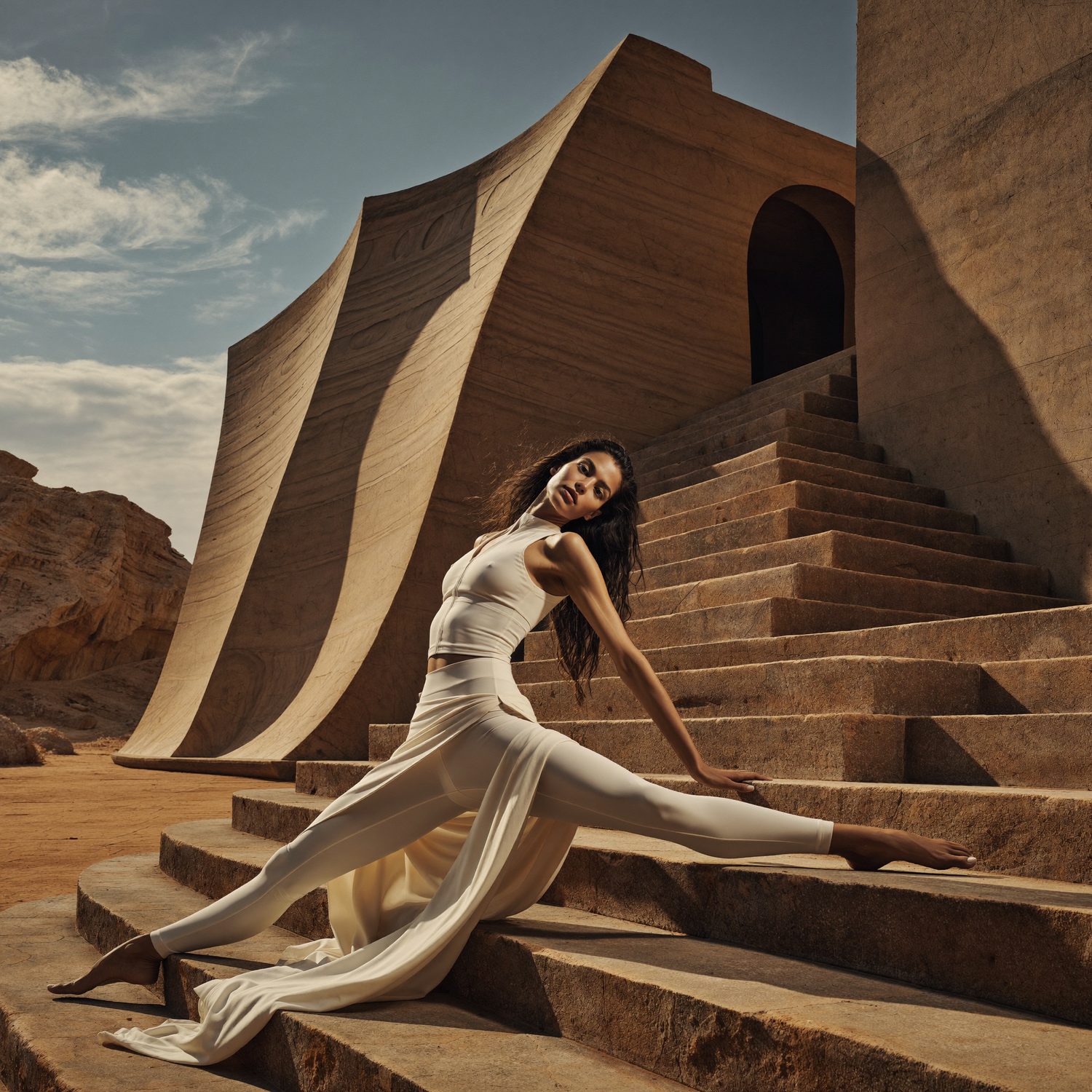Dancer in a cream bodysuit across sandstone steps beneath a sculptural desert building.